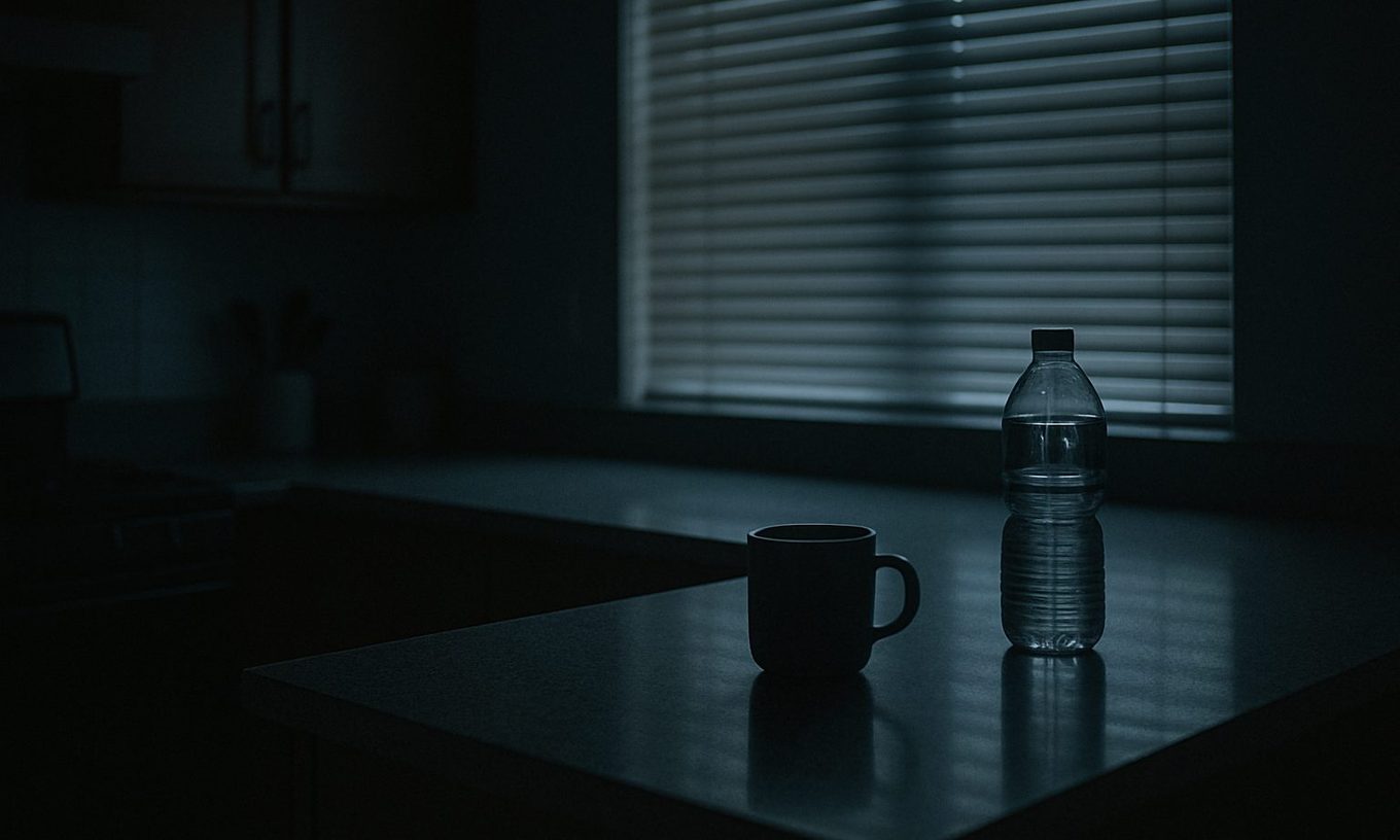 A dim kitchen at early morning with the blinds mostly closed, grey bars of daylight across a counter, a single mug of coffee and a bottle of water