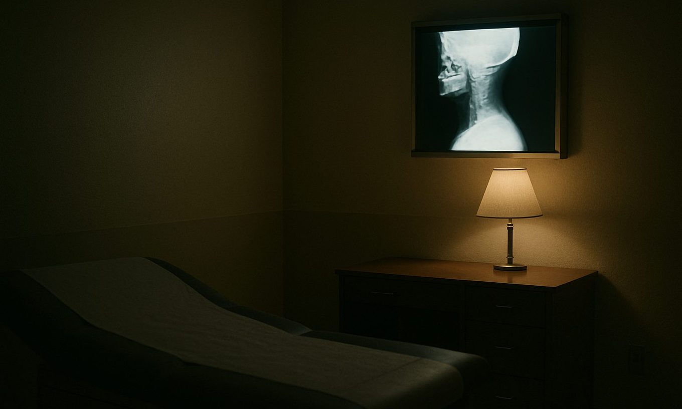 A small clinical exam room lit only by a desk lamp, a cervical spine film glowing on a lightbox above the desk, an empty exam table in the foreground