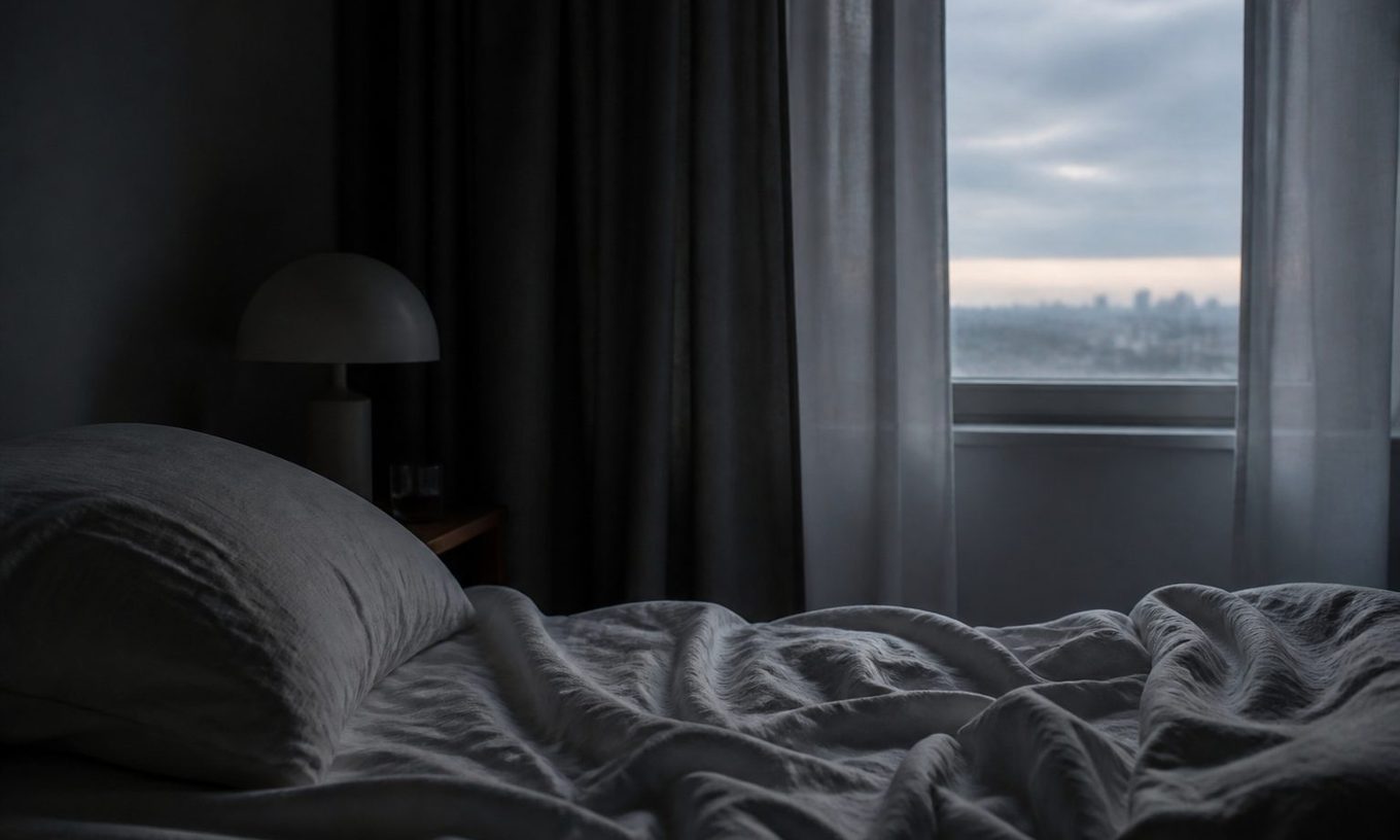 A dim bedroom at dusk, curtains mostly drawn, a low lamp beside the bed and a thin band of grey city light through the window
