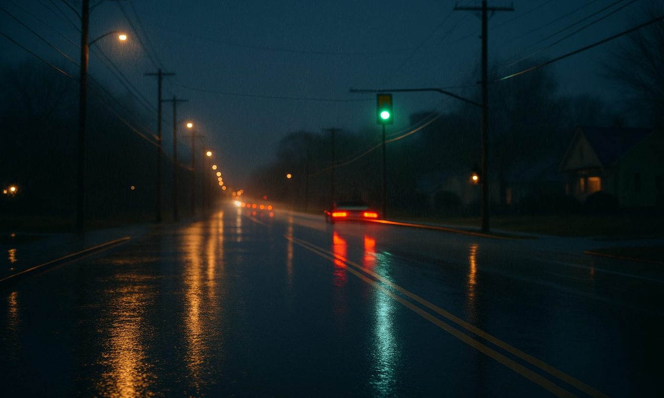 A wet suburban arterial road at night seen from the shoulder, tail lights streaking into the distance under a glowing traffic signal and light rain