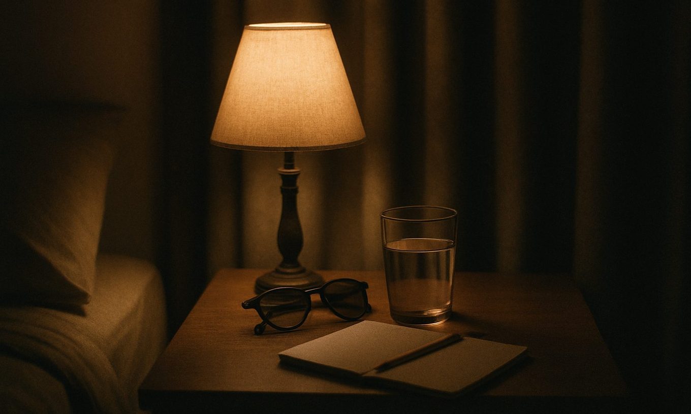 A bedside table at night with a lamp turned low, sunglasses folded beside a glass of water and an open paper notebook with a pencil
