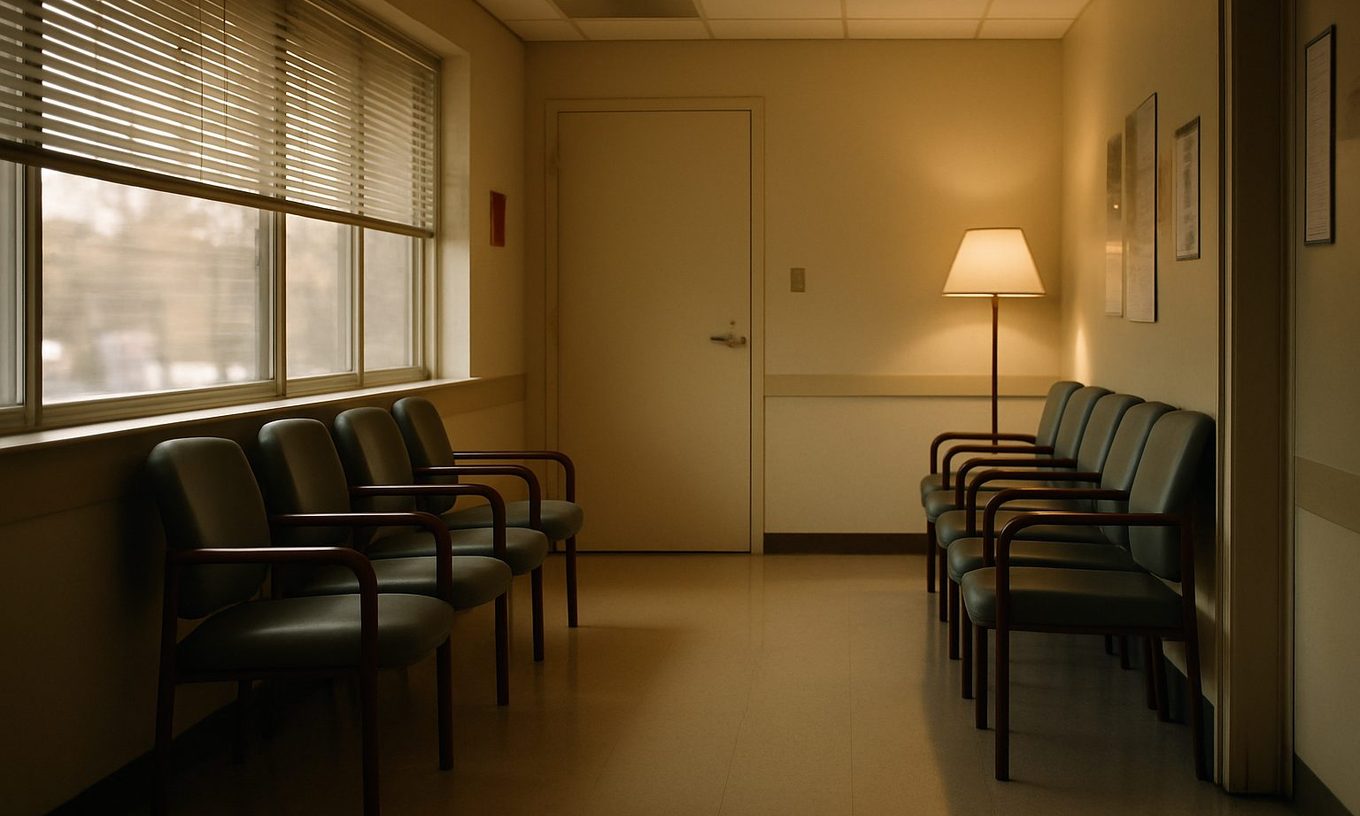 An empty clinic waiting room in the late afternoon with the blinds half lowered, a row of chairs, and a floor lamp in the corner
